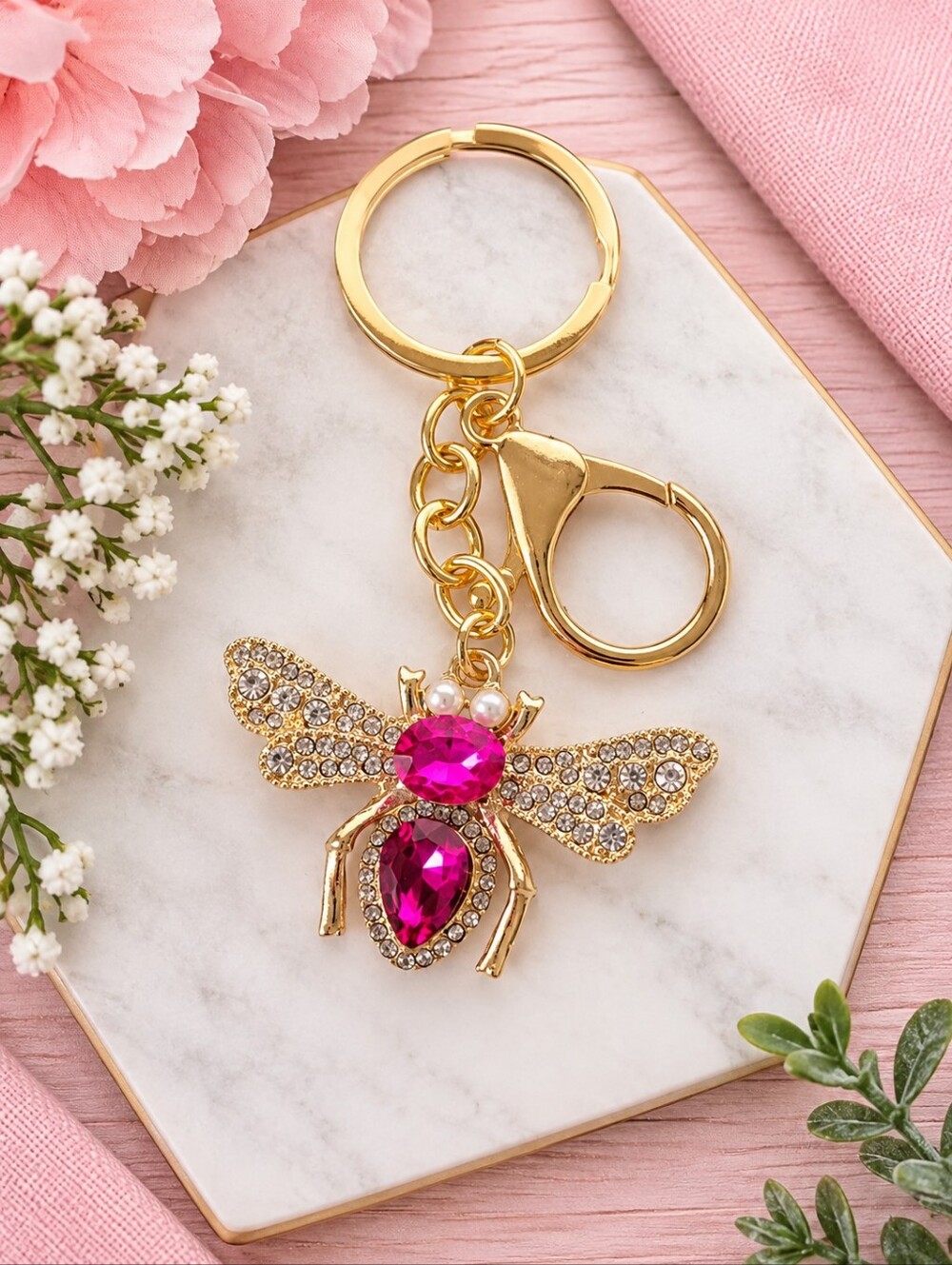 Gold Bee Keychain/Bag Charm with Hot Pink Crystals